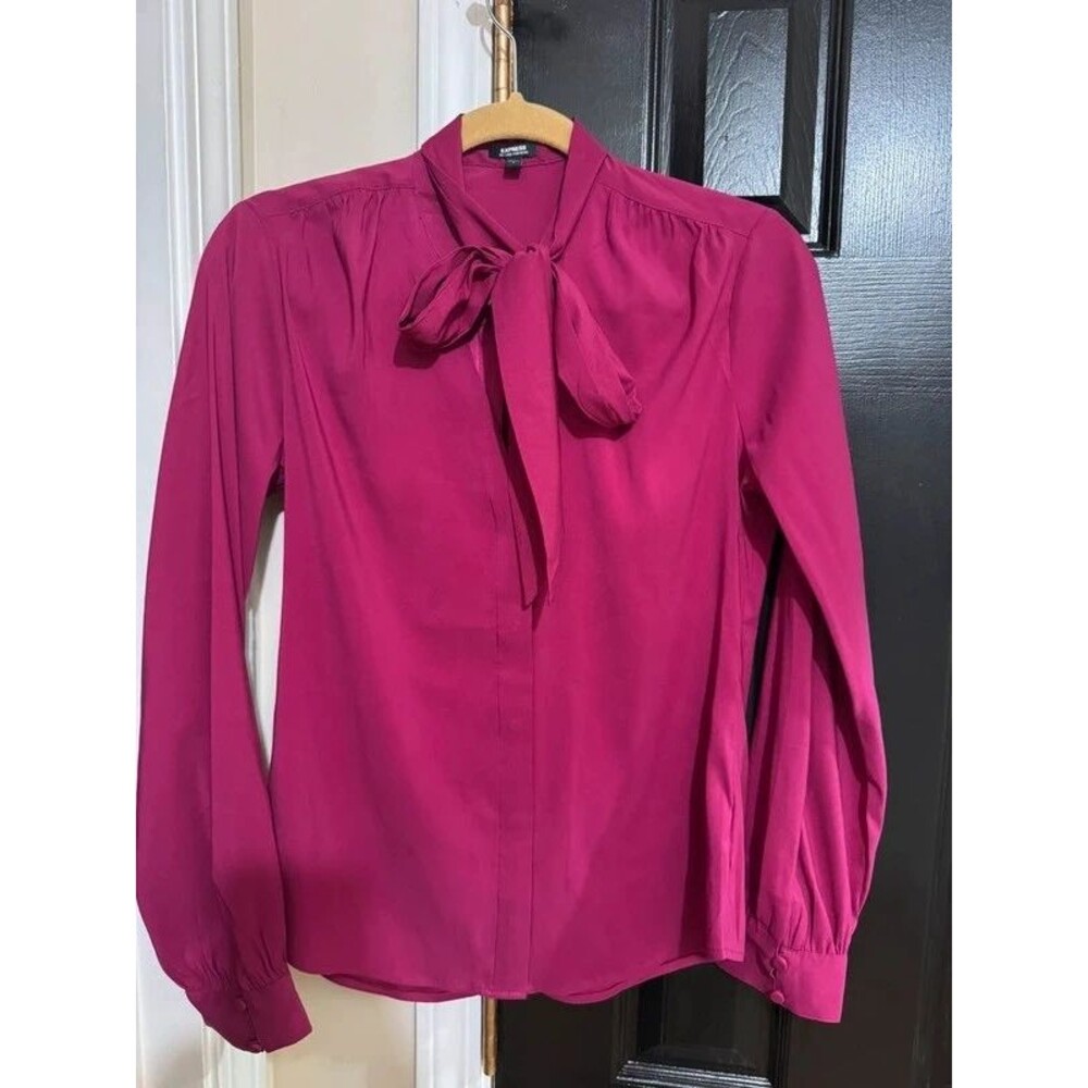 Express Magenta Tie-Neck Long Sleeve Blouse - Small